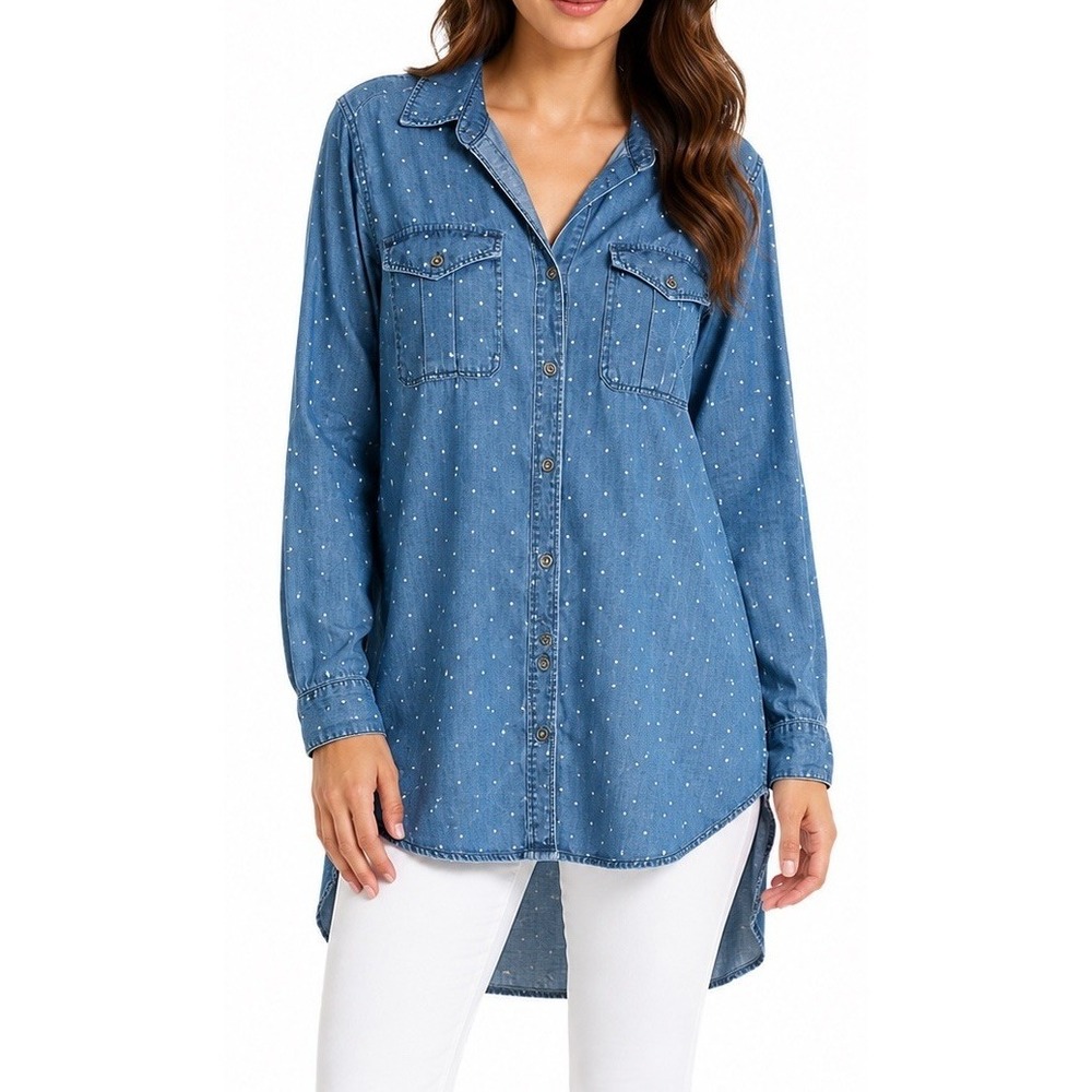 $88 Philosophy Tencel Blue Polka Dot Denim Look Shirt‎ Dress Tunic Top Button S